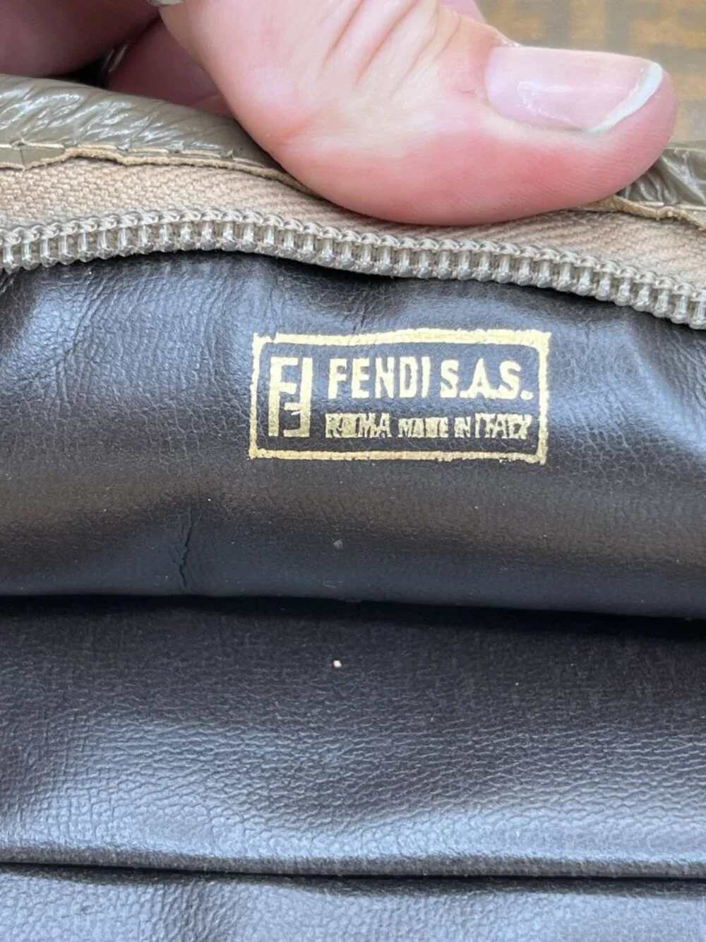 Fendi Vintage Zucca Pattern Clutch Bag With Zipper Closure & Brown/Gray Leather